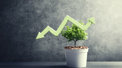 Potted plant with a green arrow graph, coins, a grey background, and a wooden surface