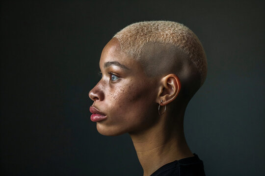 Profile portrait of young albino woman looking away. Generative AI image