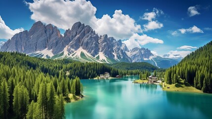 Fototapeta premium Aerial view of lago antorno in the dolomites: serene lake and majestic alps peaks in misurina, cortina d'ampezzo, italy