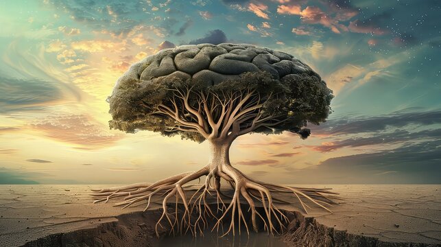 The image portrays a tree shaped like a human brain growing out of a cracked earth, symbolizing the roots of knowledge and thought.