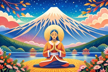 Illustration of asian female in lotus pose with Fuji mountain on the background