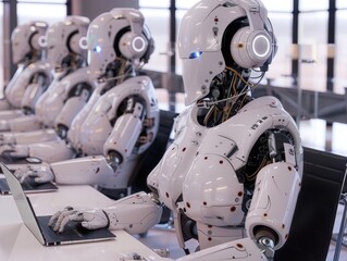 Fototapeta premium Row of White Robots Working on Laptops in a Modern Office