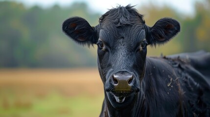 Big black cow with white patch grazing in a sunny meadow during early afternoon