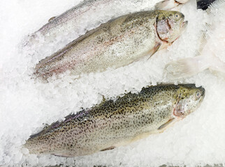  fresh fish seafood in supermarket.choosing a dairy products at supermarket.