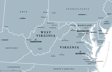 The Virginias, gray political map of Virginia with its capital Richmond and of West Virginia with capital Charleston. Two states in the Southeastern and Mid-Atlantic regions of the United States.