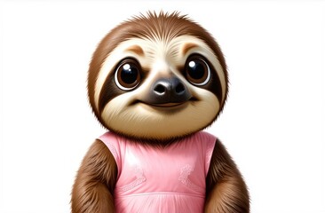 An adorable cartoon sloth dressed in a charming pink dress standing against a vibrant colored background.