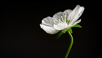 Close-up of a delicate white flower with a green stem, isolated against a black background.