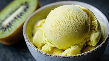 A slice of kiwi next to a scoop of kiwi-flavored ice cream, emphasizing the contrast between the fuzzy skin and the smooth ice cream