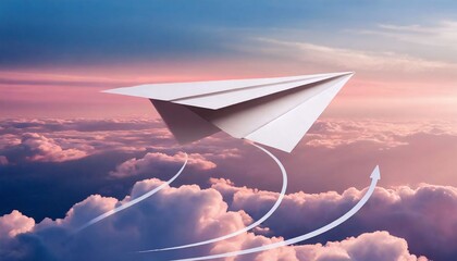 White paper plane flying among clouds, with a pink background, symbolizing innovation or growth. Generative AI | White airplane flying among fluffy clouds on a pink background Abstract travel concept 
