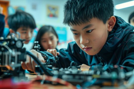 Young Student at Robotics Workshop Assembling Robot with Teammates for Educational Project - Powered by Adobe