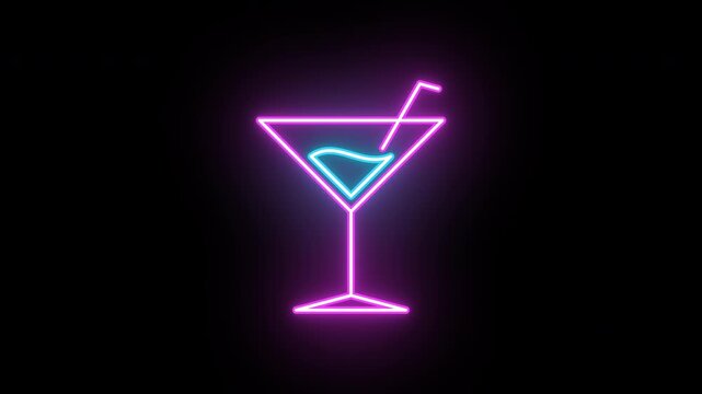 Neon martini icon, color shift animation. Glowing neon cocktail glass, looped color animation. Night cocktail, martini glass, alcohol bar, drinks menu, summer party, retro sign. Blue, magenta color