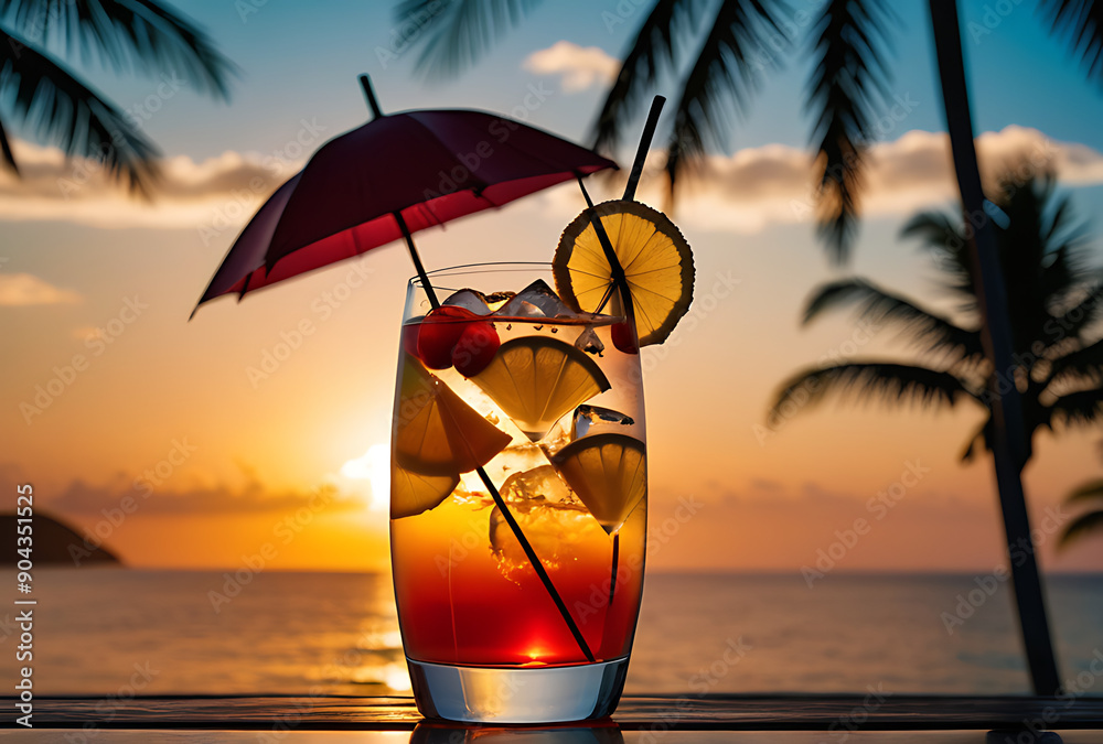 Wall mural refreshing tropical cocktail steamed glass umbrella sunset ocean background represents leisure trave