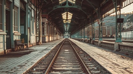 An old, empty train station with vintage architecture, cracked tiles, and abandoned tracks