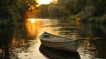Elegant metal boat floating on a river at sunset in summer