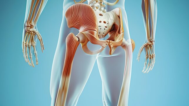 This 3d illustration shows the hip flexor muscles on skeleton