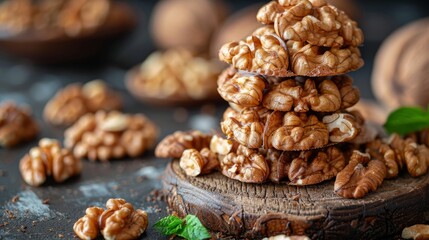 Obraz premium Close-up of stacked walnut treats on wooden plate surrounded by cracked nuts