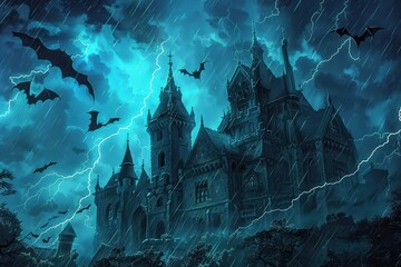 A dark, ominous castle with bats flying around, set against a stormy night sky with lightning