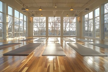 Fototapeta premium A bright yoga studio with large windows, hardwood floors, and yoga mats laid out on the floor, ready for a class