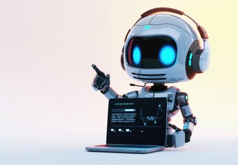 Robot Assistant Presenting a Data Chart on a Laptop