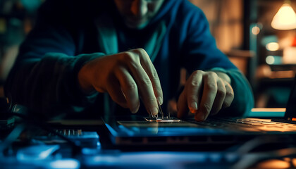 Hands of technician repairing laptop computer in colorful room