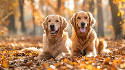 Golden retrievers relaxing among autumn leaves in a park on national golden retriever day