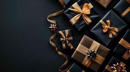 A close-up of multiple black gift boxes decorated with golden bows and ribbons, arranged on a black background.