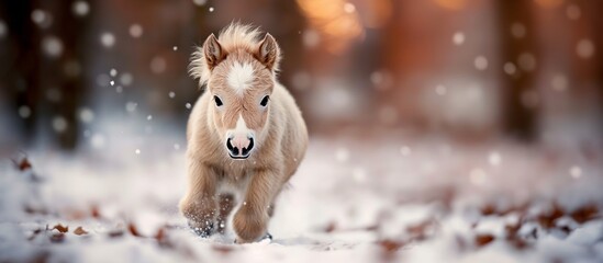 small pony horse running in the snow. 