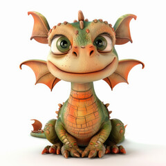 Fototapeta premium 3D funny cartoon little dragon close-up, isolated, on a white background. Character, illustration, print on fabric, paper, children's room interior decor, children's toy design.