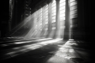 Sunlight Streaming Through Urban Architecture in Black and White Photography