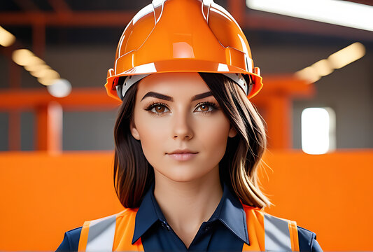 young woman work helmet uniform featured orange background promoting construction renovation services