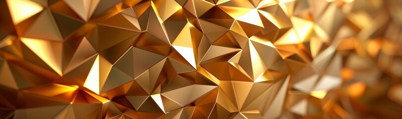A 3D render of a wide panorama polygonal wallpaper with an abstract gold crystal background, faceted texture, and macro panorama
