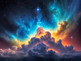 Colorful cosmic dust clouds, shimmering stars creating a sense of mystery and depth. 