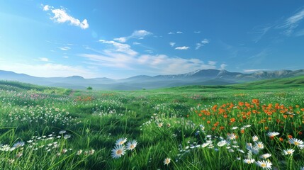 Lush green meadow filled with wildflowers and a clear blue sky, epitomizing the freshness of spring