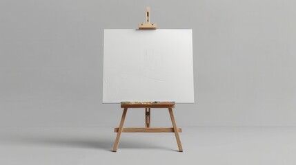 Blank canvas on wooden easel, isolated on grey background, ready for artwork.