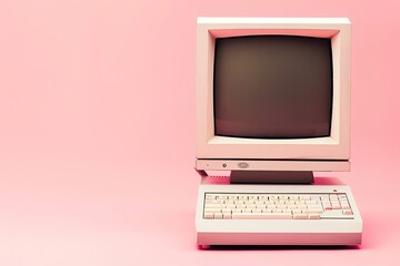Retro computer on pink background, nostalgic 80s tech