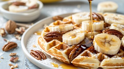 Belgian waffles topped with pecans, banana slices, and a drizzle of maple syrup