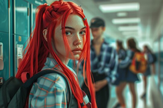 Trendy Schoolgirl with Bright Red Hair Standing Confidently in a School Hallway