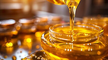 Plant-based cooking oil being poured into a glass jar in a bright kitchen setting