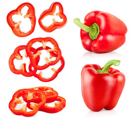 collection of whole and sliced ​​red bell pepper on white isolated background