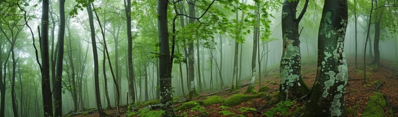 Autumn Foggy Beech Forest Panorama