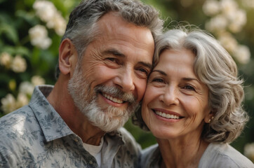 Smiling Senior Couple Enjoying Their Time Together in a Beautiful Outdoor Garden Setting