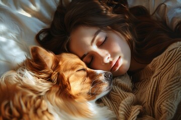 Young woman sleeping with her dog
