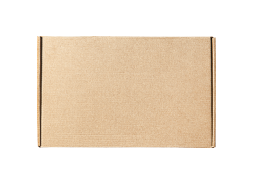 one closed cardboard box on white isolated background, top view