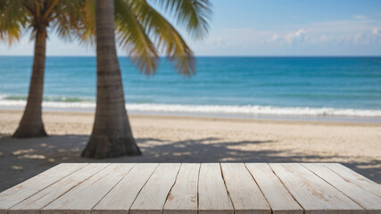 A stunning scene featuring an empty wooden table in the foreground and a blurred tropical beach view in the background. The serene beach boasts clear blue water and bright sunlight.