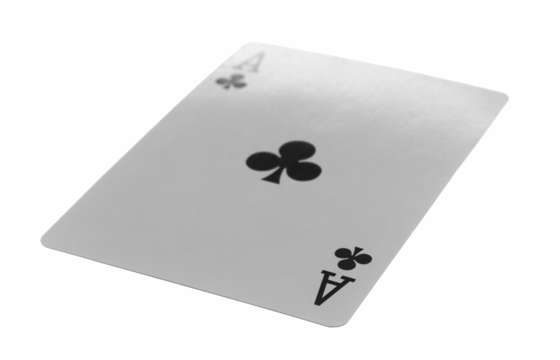 Flying playing card for poker and gambling, ace club isolated on white, clipping path
