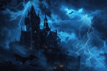 A dark, ominous castle with bats flying around, set against a stormy night sky with lightning