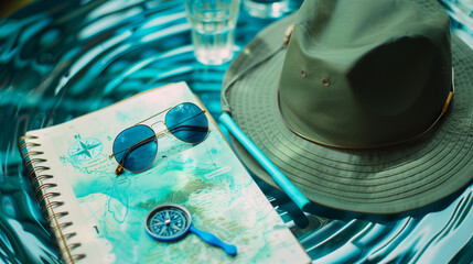 On the round table with a blue pattern are a green hat, turquoise sunglasses, an electric blue compass, a watercolor notebook, and a map with an azure motif.