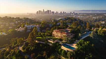Aerial view of a luxury estate offering spectacular city views. An elegant home with impressive architecture, with panoramic windows that allow you to admire the vast cityscapes.
