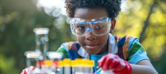 Afro American Schoolboy Conducting Fun Outdoor Science Experiment with Bubbling Test Tubes
