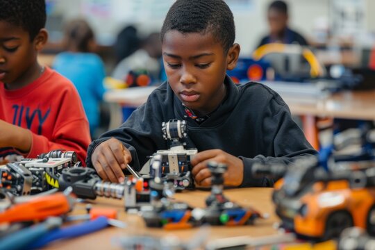 Afro American Student Engages in Robotics Club Assembly with Peers and Tools